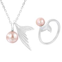 Natural Cultured Freshwater Pearl Jewelry Sets, finger ring & necklace, 925 Sterling Silver, with Freshwater Pearl, with 1.96inch extender chain, Mermaid tail, platinum plated, 2 pieces & for woman, more colors for choice, 14.4x21.7mm, US Ring Size:6-8, Length:Approx 17.7 Inch, Sold By Set