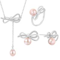 Natural Cultured Freshwater Pearl Jewelry Sets, Stud Earring & finger ring & necklace, 925 Sterling Silver, with Freshwater Pearl, with 1.96inch extender chain, Bowknot, platinum plated, three pieces & for woman & with rhinestone & hollow, more colors for choice, 21.86x50mm, 17.7x12.5mm, US Ring Size:6-8, Length:Approx 17.7 Inch, Sold By Set