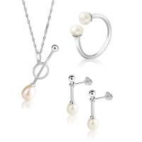 Natural Cultured Freshwater Pearl Jewelry Sets, Stud Earring & finger ring & necklace, 925 Sterling Silver, with Freshwater Pearl, with 1.96inch extender chain, platinum plated, three pieces & for woman, 10.6x39.4mm, 6x23.4mm, 2mm, US Ring Size:6-8, Length:Approx 15.7 Inch, Sold By Set