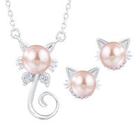 Natural Cultured Freshwater Pearl Jewelry Sets, Stud Earring & necklace, 925 Sterling Silver, with Freshwater Pearl, Cat, platinum plated, 2 pieces & for woman, more colors for choice, 10.5x19mm, 10x9mm, Length:Approx 17.7 Inch, Sold By Set