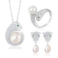 Natural Cultured Freshwater Pearl Jewelry Sets finger ring & earring & necklace 925 Sterling Silver with Freshwater Pearl with 1.96inch extender chain Leopard platinum plated three pieces & micro pave cubic zirconia & for woman  US Ring Length Approx 17.7 Inch Sold By Set