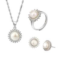 Natural Cultured Freshwater Pearl Jewelry Sets Stud Earring & finger ring & necklace 925 Sterling Silver with Freshwater Pearl with 1.96inch extender chain Flower platinum plated three pieces & for woman & with rhinestone 12.3mm 13.2mm US Ring Length Approx 15.7 Inch Sold By Set