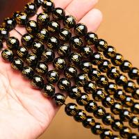 Natural Black Obsidian Beads, stoving varnish, DIY & different size for choice & gold accent, black, Sold By Strand