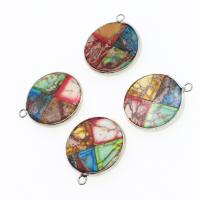 Natural Imperial Jasper Pendants, Brass, with Impression Jasper, Round, mixed colors, 30x27x4mm, Sold By PC