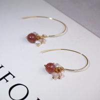 Natural Quartz Earrings Brass with pearl & Rose Quartz real gold plated fashion jewelry & for woman golden 43mm Sold By Pair