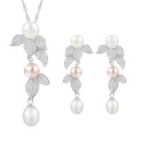 Natural Cultured Freshwater Pearl Jewelry Sets, 925 Sterling Silver, with Freshwater Pearl, Leaf, platinum plated, different styles for choice & for woman & with rhinestone, Sold By PC