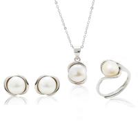 Natural Cultured Freshwater Pearl Jewelry Sets, Stud Earring & finger ring & necklace, 925 Sterling Silver, with Freshwater Pearl, with 1.96inch extender chain, Round, platinum plated, three pieces & for woman, 9.7x7.7mm, 9x17.8mm, 11.3mm, Length:Approx 15.7 Inch, Sold By Set