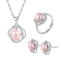 Natural Cultured Freshwater Pearl Jewelry Sets Stud Earring & finger ring & necklace 925 Sterling Silver with Freshwater Pearl platinum plated three pieces & for woman & hollow 12.9mm 11.2mm US Ring Length Approx 15.7 Inch Sold By Set