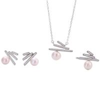 Natural Cultured Freshwater Pearl Jewelry Sets, Stud Earring & finger ring & necklace, 925 Sterling Silver, with Freshwater Pearl, with 1.96inch extender chain, platinum plated, three pieces & for woman & with rhinestone, 20.5x17.7mm, 17.8x16.3mm, 15.6x16.1mm, US Ring Size:6-8, Length:Approx 15.7 Inch, Sold By Set