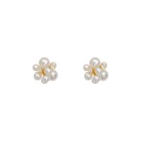 Cubic Zirconia Micro Pave Brass Earring with ABS Plastic Pearl 925 thailand sterling silver post pin real gold plated fashion jewelry & for woman & with cubic zirconia golden Sold By Pair