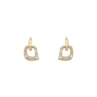 Brass Drop Earring, with ABS Plastic Pearl, 925 thailand sterling silver earring hook, real gold plated, fashion jewelry & for woman & with cubic zirconia, golden, 26x16mm, Sold By Pair