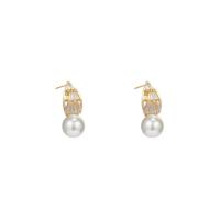 Cubic Zirconia Micro Pave Brass Earring with ABS Plastic Pearl 925 thailand sterling silver post pin real gold plated fashion jewelry & for woman & with cubic zirconia Sold By Pair