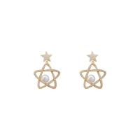 Cubic Zirconia Micro Pave Brass Earring, with ABS Plastic Pearl, 925 thailand sterling silver post pin, Star, real gold plated, fashion jewelry & for woman & with cubic zirconia, 28x19mm, Sold By Pair