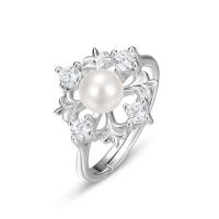 925 Sterling Silver Finger Rings, with Shell Pearl, plated, Adjustable & for woman & with cubic zirconia, silver color, 15mm, Sold By PC