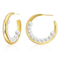 Brass Stud Earring with Plastic Pearl 18K gold plated fashion jewelry & for woman golden 33mm Sold By Pair