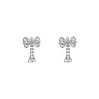 Rhinestone Earring, Tibetan Style, Bowknot, high quality plated, fashion jewelry & for woman & with rhinestone, silver color, 42x30mm, Sold By Pair