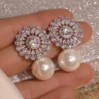 Cubic Zirconia Micro Pave Brass Earring with Plastic Pearl micro pave cubic zirconia & for woman beige Sold By Pair