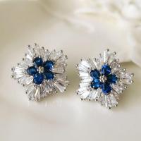 Cubic Zirconia Micro Pave Brass Earring Flower micro pave cubic zirconia & for woman blue 19mm Sold By Pair