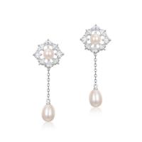 925 Sterling Silver Drop &  Dangle Earrings, with Shell Pearl, for woman & with cubic zirconia, silver color, 13x30mm, Sold By Pair