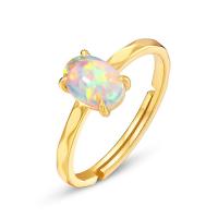 925 Sterling Silver Finger Rings, with Artificial Opal, plated, Adjustable & for woman, golden, 5x7mm, Sold By PC