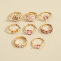 Ensemble d’anneau en alliage de zinc, 8 pièces & bijoux de mode & pour femme & émail & avec strass, rose, Vendu par fixé