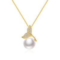 925 Sterling Silver Necklaces, with pearl, with 2.36 extender chain, plated, fashion jewelry & for woman & with cubic zirconia, more colors for choice, 17.06x10.66mm, Length:15.75 Inch, Sold By PC