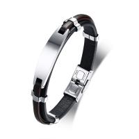 Leather Bracelet with Stainless Steel for man black Length Approx 8.27 Inch Sold By PC