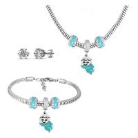 Fashion Stainless Steel Jewelry Sets, Stud Earring & bracelet & necklace, 316 Stainless Steel, With Pendant & for woman & enamel & with rhinestone, silver color, 21cmuff0c49cm, Sold By Set
