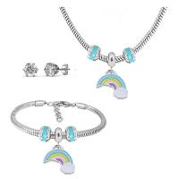 Fashion Stainless Steel Jewelry Sets, Stud Earring & bracelet & necklace, 316 Stainless Steel, With Pendant & for woman & enamel & with rhinestone, silver color, 21cmuff0c49cm, Sold By Set