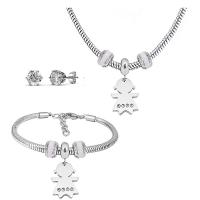 Strass Stainless Steel Jewelry Set, Stud Oorbel & armband & halsketting, 316 Roestvrij staal, Met Hanger & voor vrouw & met strass, zilver, 21cmuff0c49cm, Verkocht door Stel