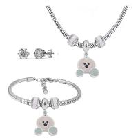 Rhinestone Stainless Steel Jewelry Set, Stud Earring & bracelet & necklace, 316 Stainless Steel, With Pendant & for woman & enamel & with rhinestone, silver color, 21cmuff0c49cm, Sold By Set