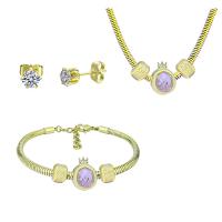 Rhinestone Stainless Steel Jewelry Set Stud Earring & bracelet & necklace 316 Stainless Steel With Pendant & for woman & with rhinestone golden 21cmuff0c49cm Sold By Set