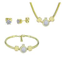 Strass Stainless Steel Jewelry Set, Stud Oorbel & armband & halsketting, 316 Roestvrij staal, voor vrouw & met strass, gouden, 21cmuff0c49cm, Verkocht door Stel