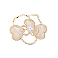 Shell Brooch, Brass, with Shell Pearl & Shell, Flower, plated, micro pave cubic zirconia & for woman & hollow, more colors for choice, nickel, lead & cadmium free, 33x42mm, Sold By PC