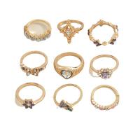 Cink Alloy Ring Set, Cink ötvözet, kilenc darab & divat ékszerek & a nő & zománc & strasszos, aranysárga, Által értékesített Set