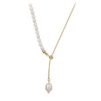 Freshwater Pearl Brass Chain Necklace, cobre, with Pérolas de água doce, cromado de cor dourada, joias de moda, dourado, comprimento 43 cm, vendido por PC