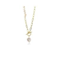 Freshwater Pearl Brass Chain Necklace, cobre, with Pérolas de água doce, cromado de cor dourada, joias de moda, dourado, comprimento 49.3 cm, vendido por PC