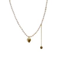 Freshwater Pearl Brass Chain Necklace, cobre, with Pérolas de água doce, Coração, cromado de cor dourada, joias de moda, dourado, comprimento 33.3 cm, vendido por PC
