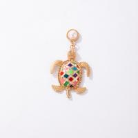 Tibetan Style Drop Earrings, with Plastic Pearl, Turtle, gold color plated, micro pave cubic zirconia & enamel, golden, Sold By PC