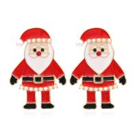 Christmas Earrings, Tibetan Style, with Plastic Pearl, Santa Claus, plated, fashion jewelry & for woman & enamel & with rhinestone, nickel, lead & cadmium free, 42x30mm, Sold By Pair
