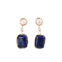 Lapis Lazuli Drop Earring, with Freshwater Pearl & Brass, 14K gold-filled, for woman, 16x43mm, Sold By Pair
