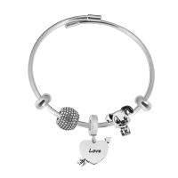 316 Stainless Steel European Bangle, with 304 Stainless Steel, With Pendant & for woman & with rhinestone, silver color, Length:7.5 Inch, Sold By PC