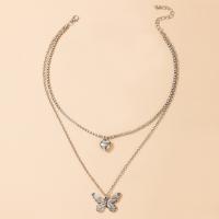Zinc Alloy smykker halskæde, Butterfly, sølvfarvet forgyldt, Dobbelt lag & mode smykker & med rhinestone, sølv, Solgt af PC