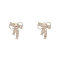 Brass Stud Earring, Bowknot, gold color plated, for woman & with rhinestone & hollow, nickel, lead & cadmium free, 32x26mm, Sold By Pair
