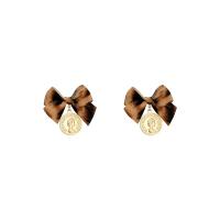 Boucles d'oreilles pendantes en laiton, avec tissu, Noeud papillon, Placage de couleur d'or, Style coréen & pour femme, 36x38mm, Vendu par paire