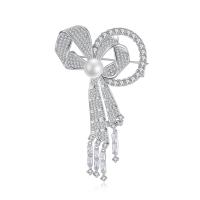 Cubic Zirconia Brooch, Brass, Bowknot, platinum color plated, micro pave cubic zirconia, 40x68mm, Sold By PC