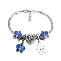 European Bracelet 316 Stainless Steel With Pendant & Unisex & with rhinestone silver color Length 7.5 Inch Sold By PC