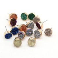 Gemstone Earrings, liga de zinco, with misto de pedras semi-preciosas, Roda, cromado de cor dourada, joias de moda & estilo druzy, cores misturadas, 12x12mm, vendido por par