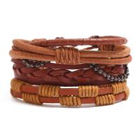 Cowhide Bracelet, with Wax Cord & Wood & Copper Coated Plastic & Tibetan Style, 4 pieces & fashion jewelry & Unisex, 60mm, Length:17-18 cm, Sold By Set