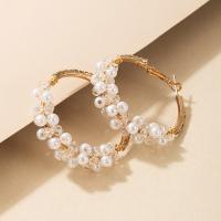 Zinc Alloy Hoop Earring with Seedbead & Plastic Pearl gold color plated fashion jewelry golden Sold By Pair